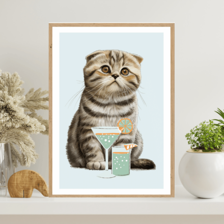 Skotská klapouchová kočka a drink